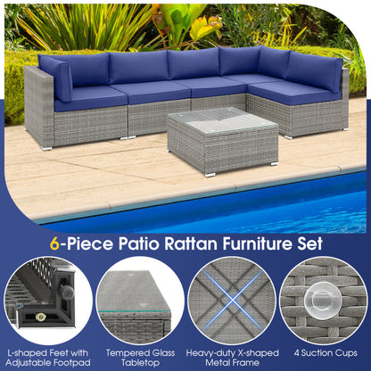 6 Piece Patio Conversation Sofa Set with Tempered Glass Coffee Table