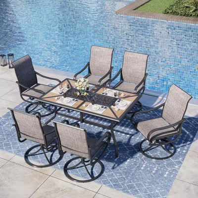 Black 7-Piece Metal Rectangle Patio Outdoor Dining Set with Geometric Table and Textilene Swivel Chairs