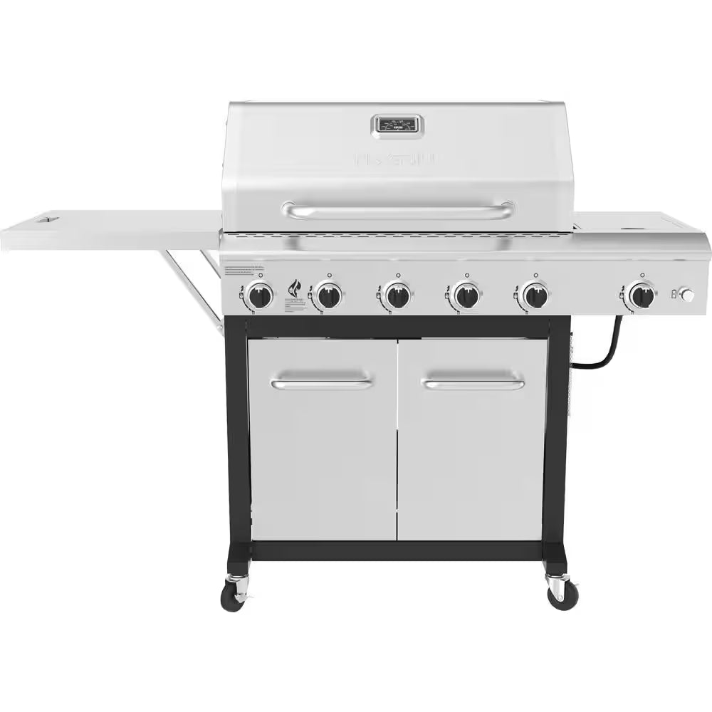 5-Burner Propane Gas Grill in Stainless Steel with Side Burner and Foldable Side Shelf