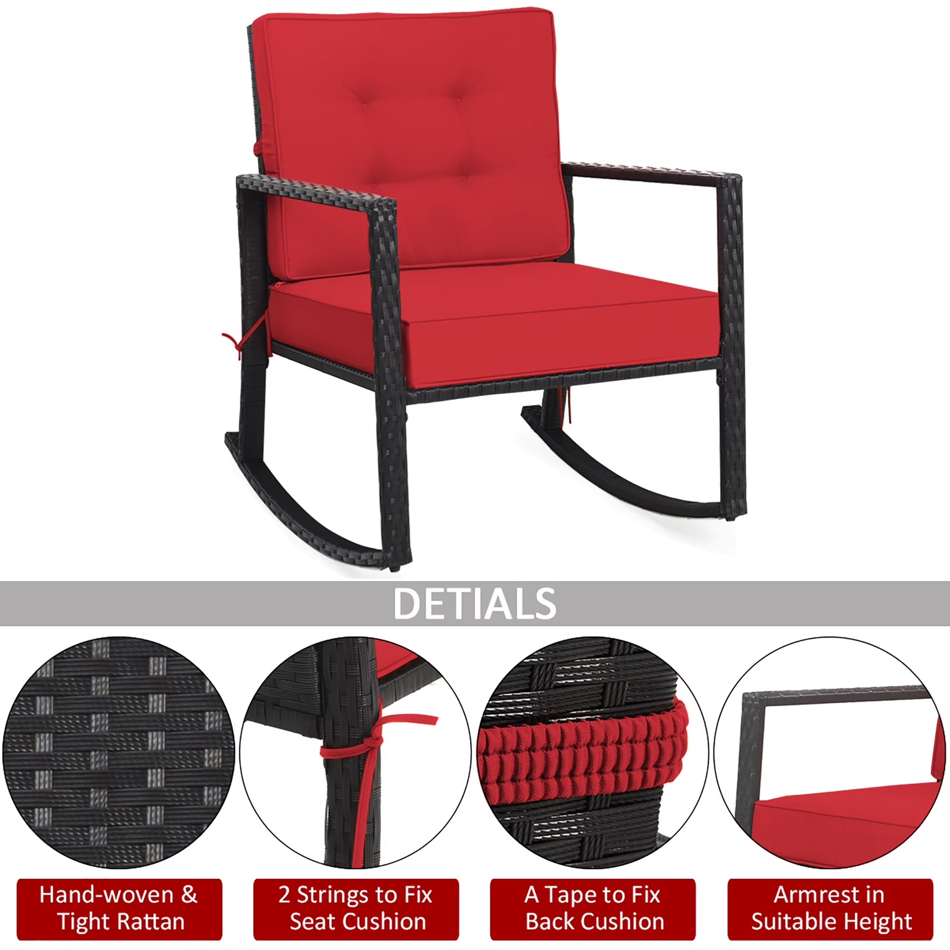 Patio Rattan Rocker Chair Outdoor Glider Wicker Rocking Chair Cushion Lawn Red