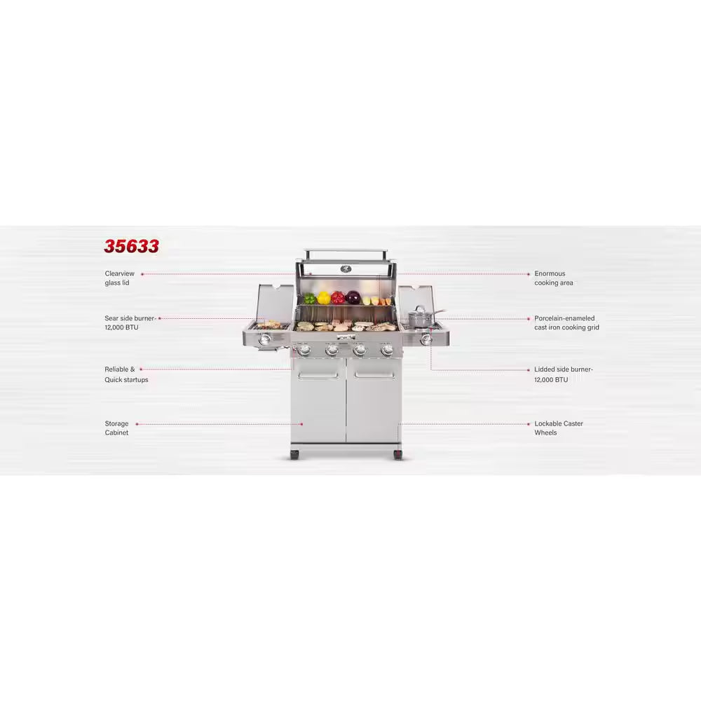 4-Burner Propane Gas Grill in Stainless with Clear View Lid, LED Controls, Side and Sear Burners