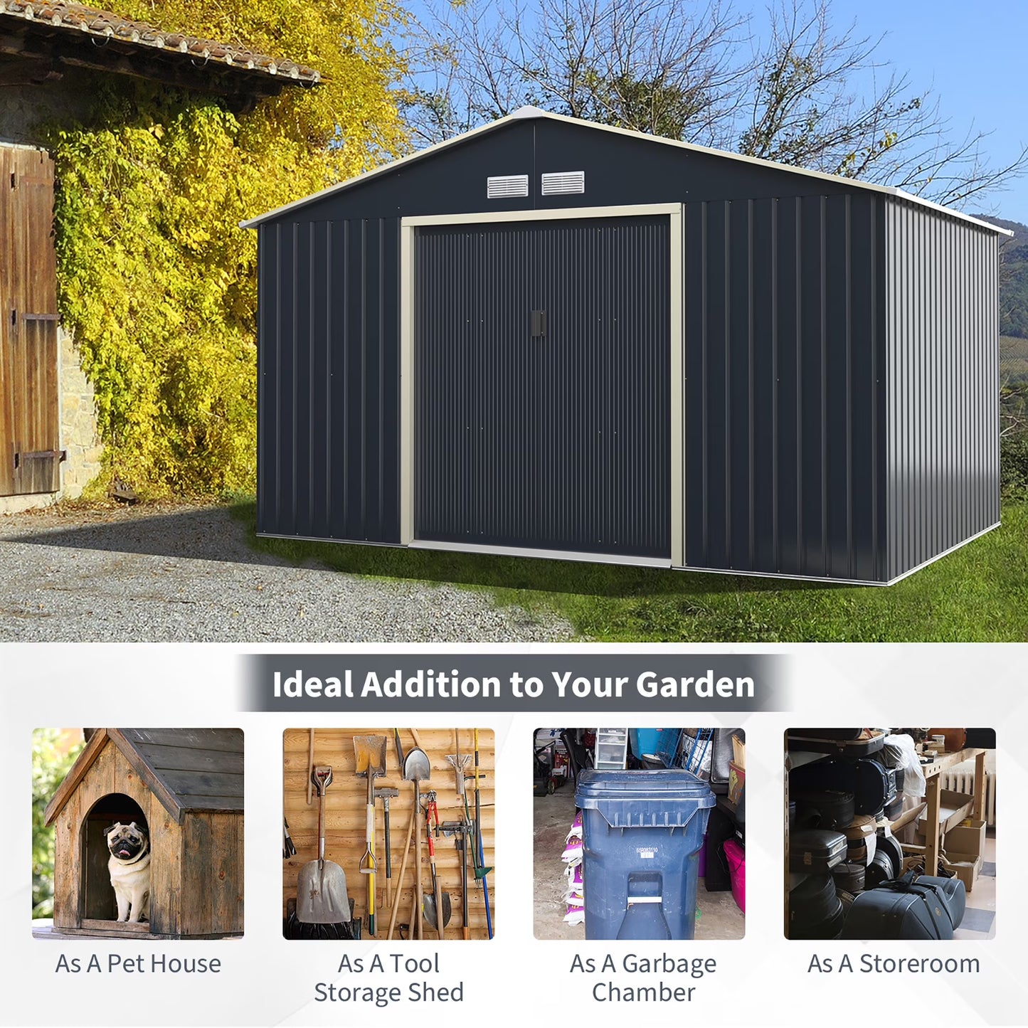 Metal Storage Shed for Garden and Tools W/Sliding Double Lockable Doors