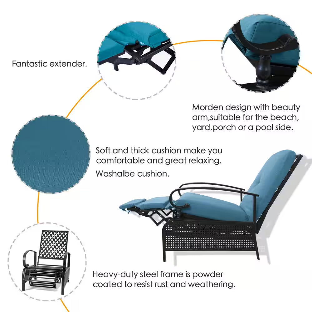 Black Metal Outdoor Recliner with Aqua Cushions for Outdoor Reading, Sunbathing or Relaxation