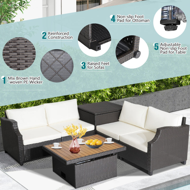 7 Pieces Wicker Outdoor Furniture Set with Acacia Wood Coffee Table and Ottoman