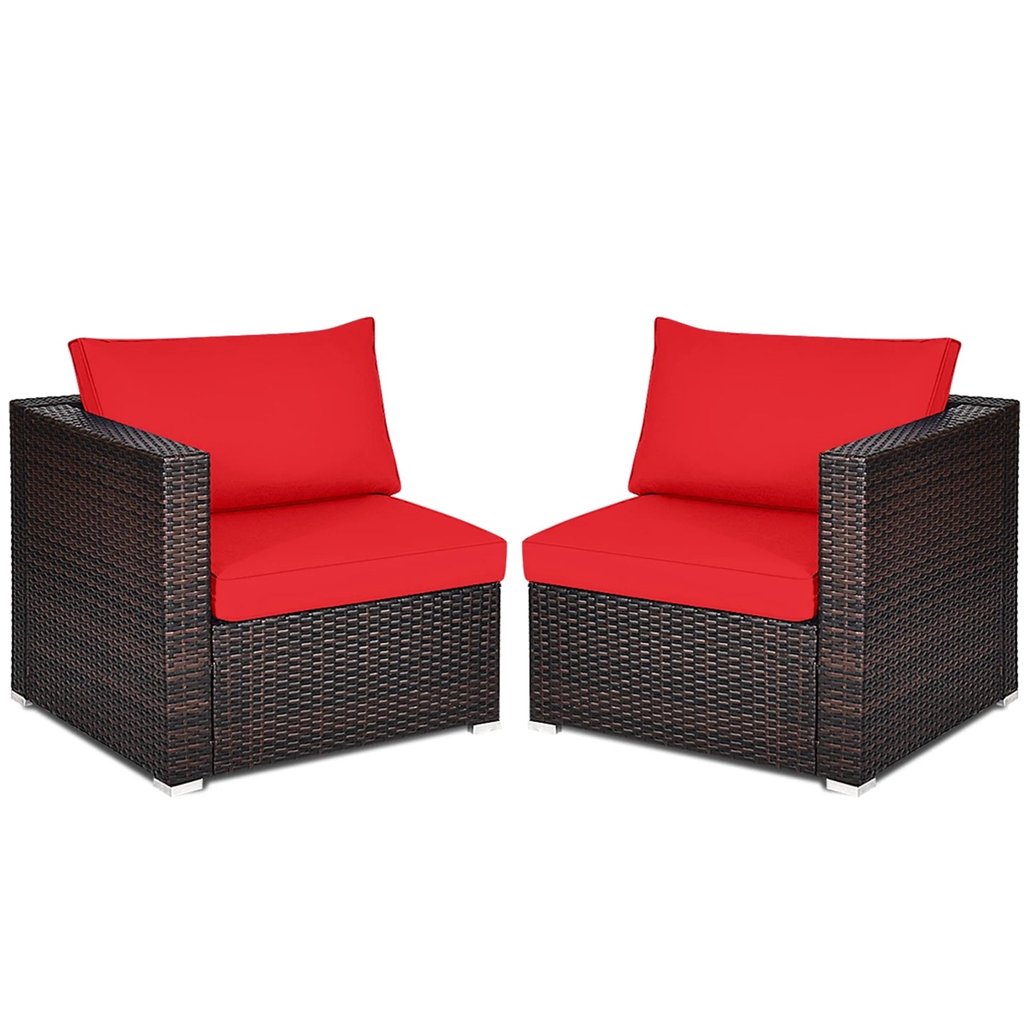 2PCS Rattan Corner Sofa Set Patio Outdoor Furniture Set W/ 4 Red Cushions