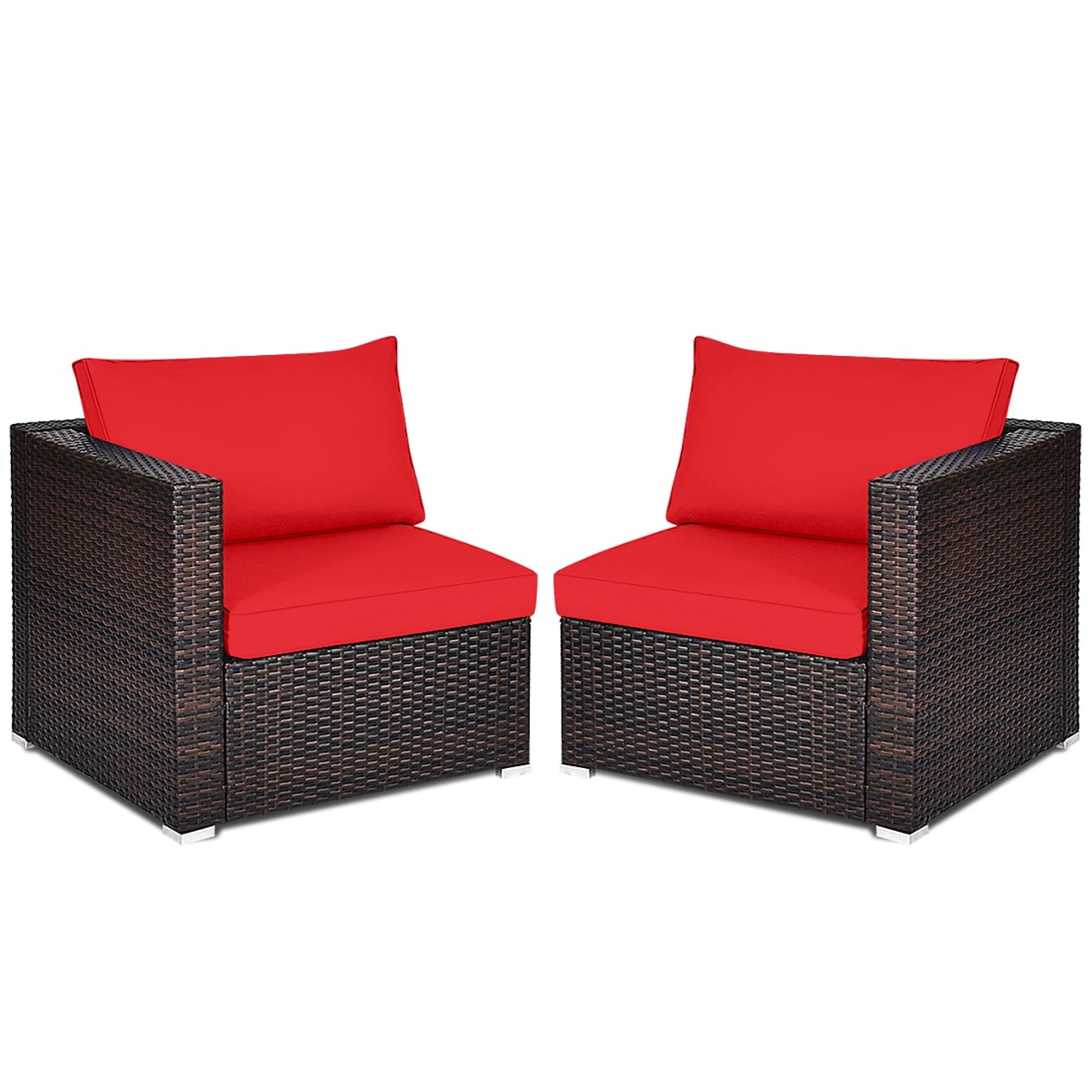 2PCS Rattan Corner Sofa Set Patio Outdoor Furniture Set W/ 4 Red Cushions