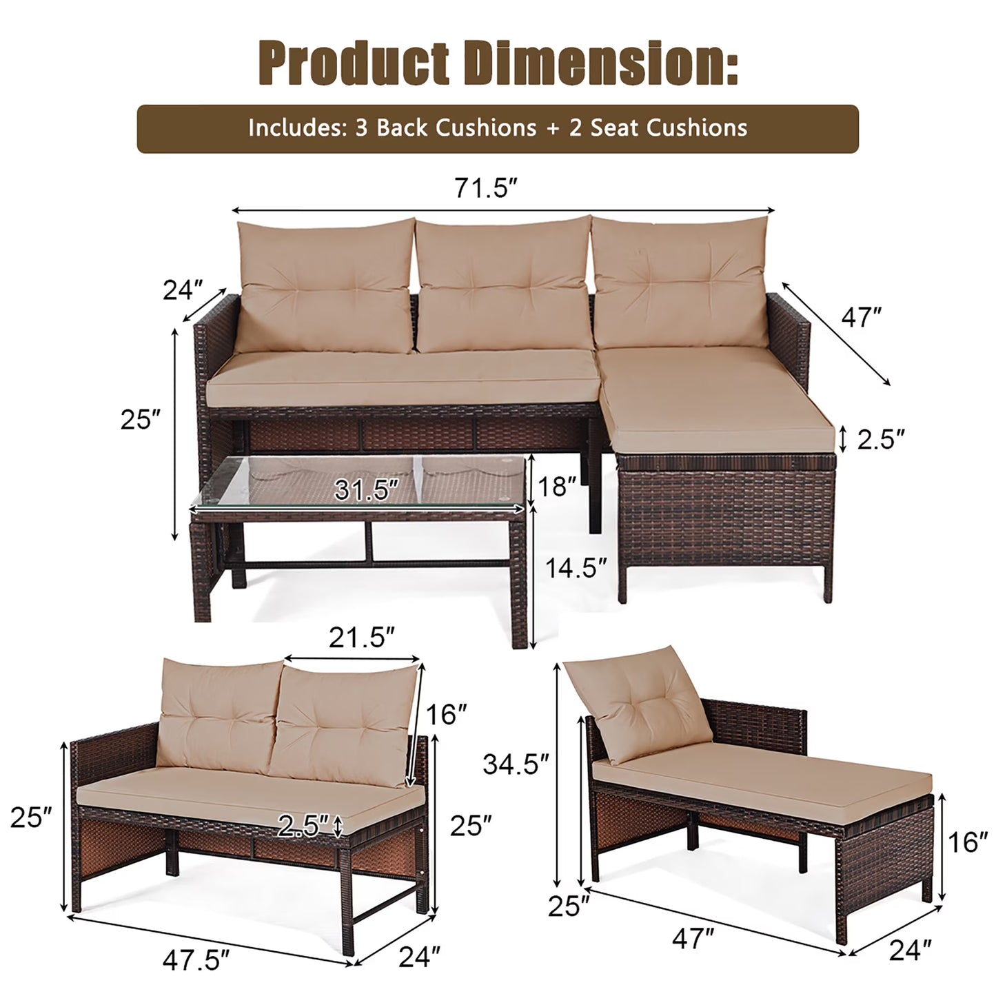 3PC Patio Sofa Set Outdoor Sectional Conversation Set Rattan Wicker