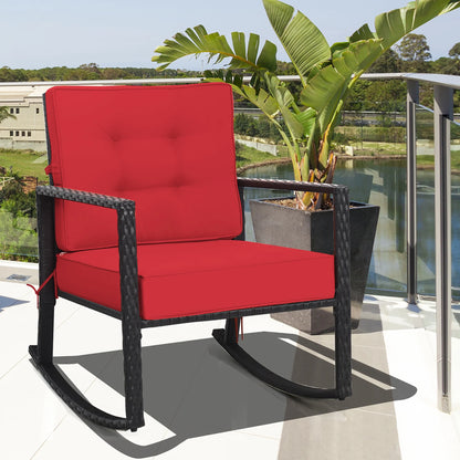 Patio Rattan Rocker Chair Outdoor Glider Wicker Rocking Chair Cushion Lawn Red