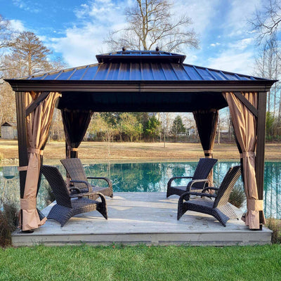 10' X 12' Hardtop Gazebo Canopy for Patio Deck Backyard Heavy Duty with Netting and Curtains Outdoor Permanent Metal Pavilion