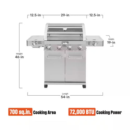 4-Burner Propane Gas Grill in Stainless with Clear View Lid, LED Controls, Side and Sear Burners