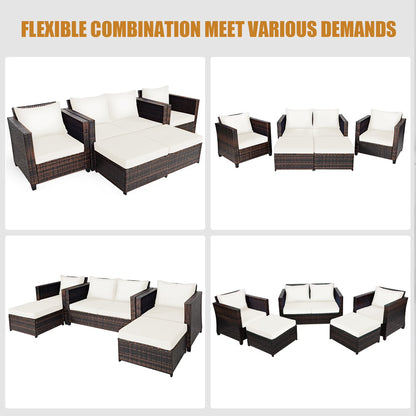 5PCS Patio Rattan Furniture Set Loveseat Sofa Ottoman Cushioned White