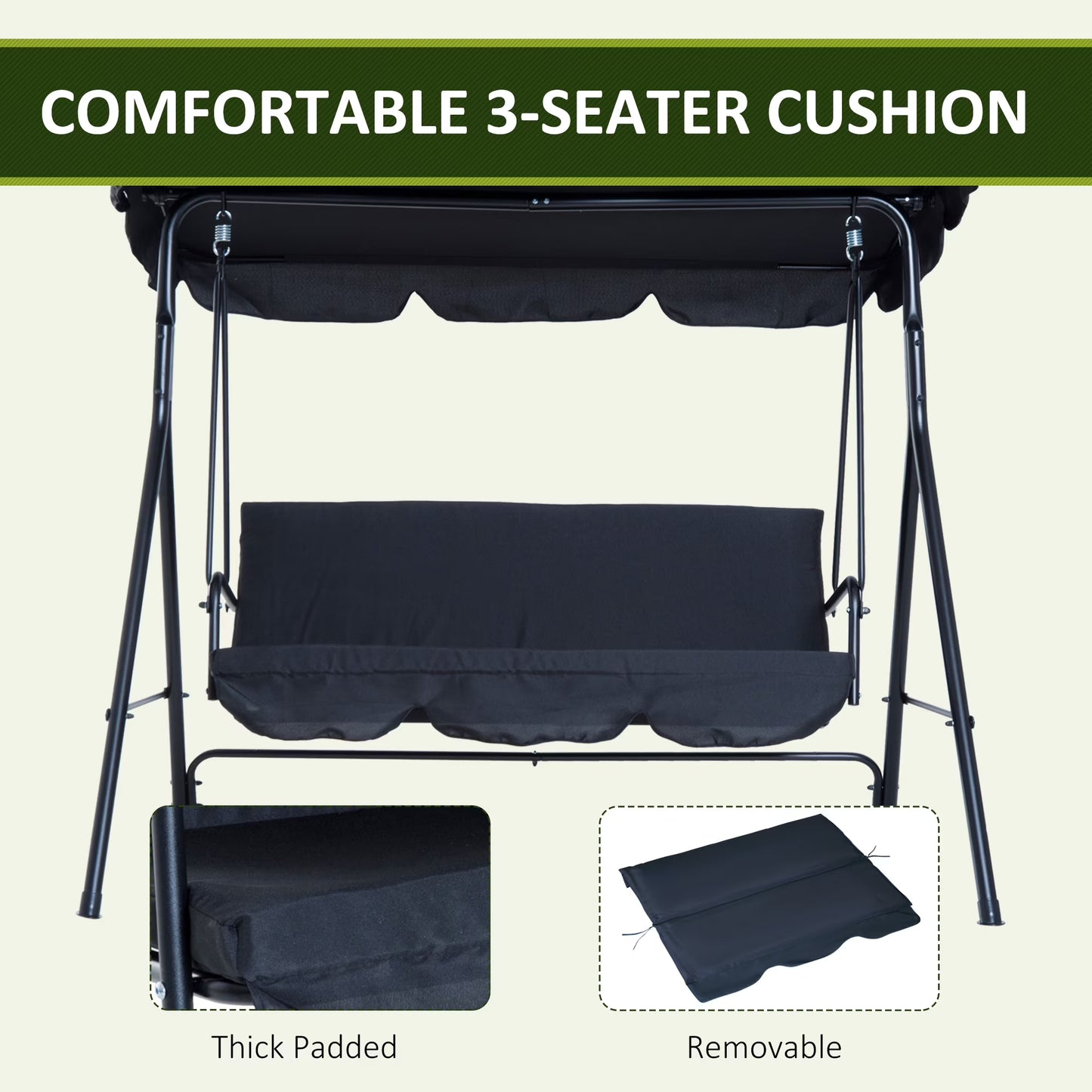 3-Seat Outdoor Patio Swing Chair with Removable Cushion, Steel Frame Stand and Adjustable Tilt Canopy for Patio, Garden, Poolside, Balcony, Backyard, Black