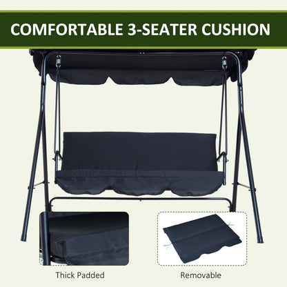 3-Seat Outdoor Patio Swing Chair with Removable Cushion, Steel Frame Stand and Adjustable Tilt Canopy for Patio, Garden, Poolside, Balcony, Backyard, Black
