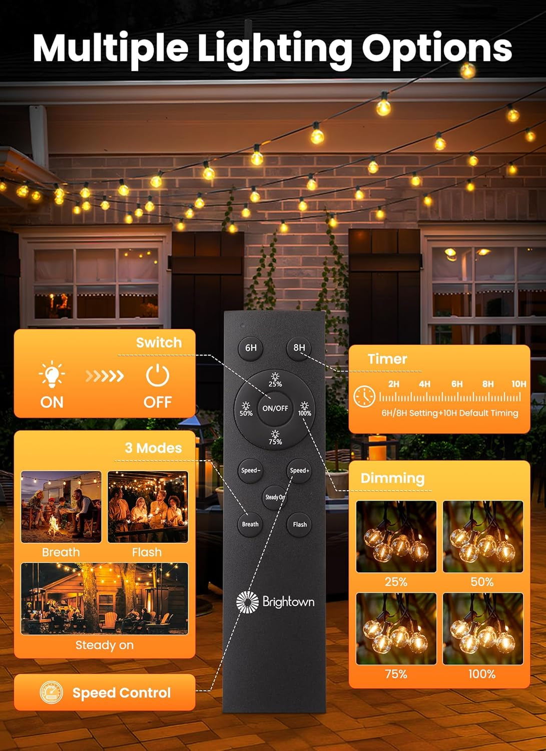 38FT 16LED Solar String Lights Outdoor with Remote & USB Port | Shatterproof Bulbs, Dimmable & Timable, 3 Modes, Solar Patio Lights with a Mount Clip for Camping Backyard Garden Decor