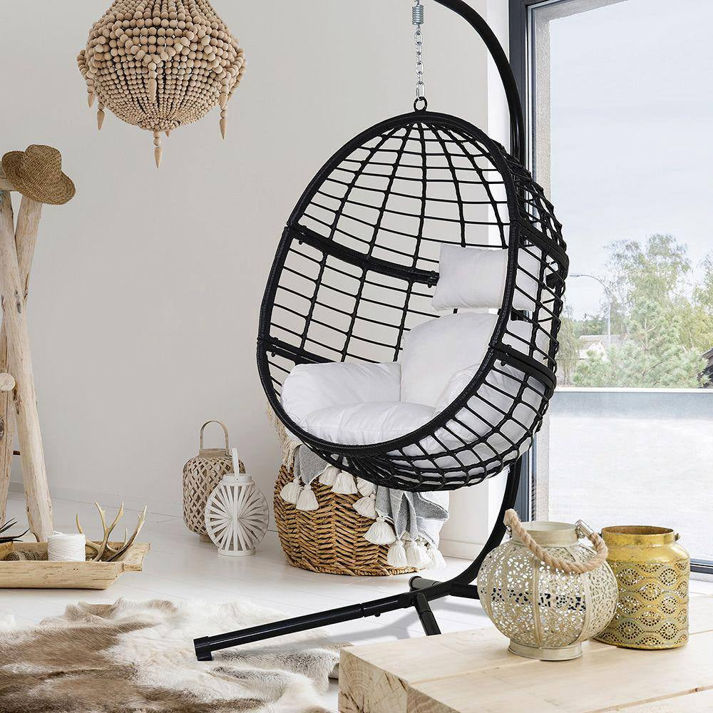 Black 78 In. Wicker Outdoor Basket Swing Chair with Stand and White Cushion