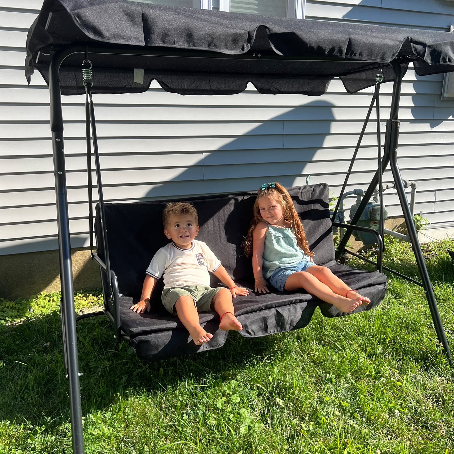 3-Seat Outdoor Patio Swing Chair with Removable Cushion, Steel Frame Stand and Adjustable Tilt Canopy for Patio, Garden, Poolside, Balcony, Backyard, Black