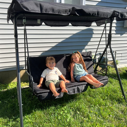 3-Seat Outdoor Patio Swing Chair with Removable Cushion, Steel Frame Stand and Adjustable Tilt Canopy for Patio, Garden, Poolside, Balcony, Backyard, Black