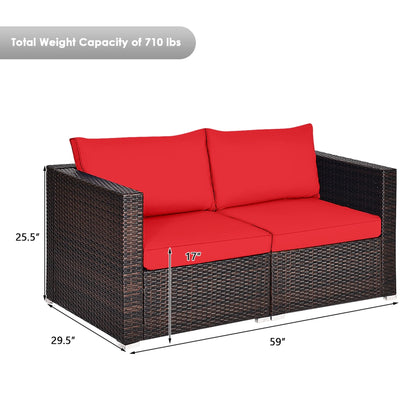 2PCS Rattan Corner Sofa Set Patio Outdoor Furniture Set W/ 4 Red Cushions