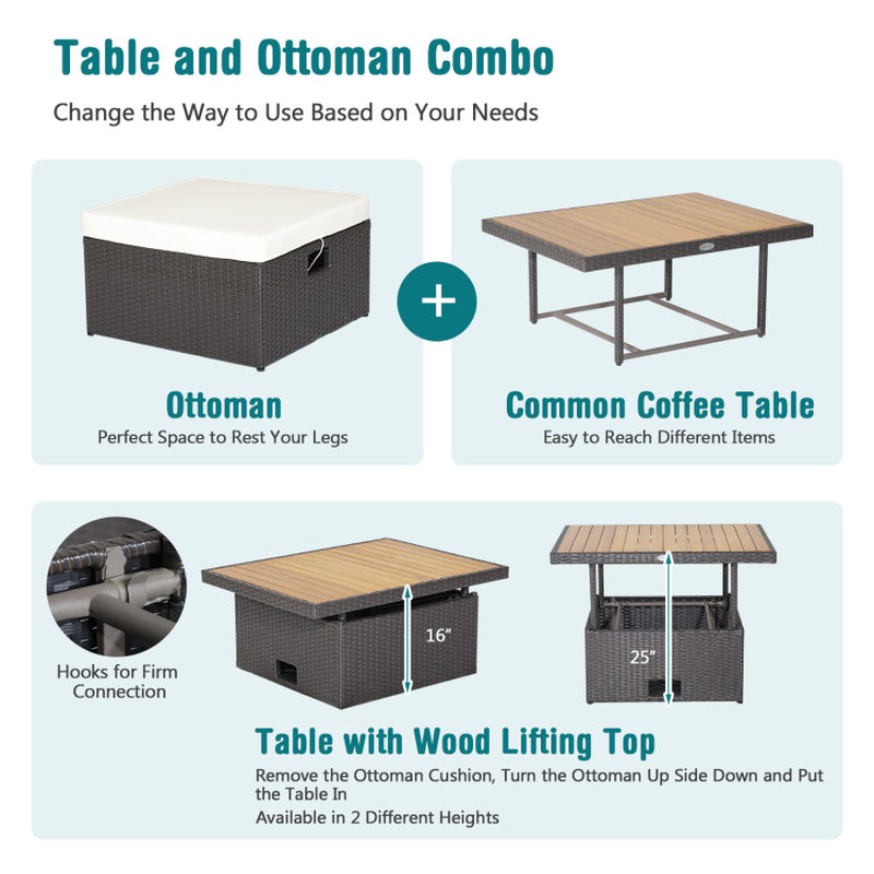 7 Pieces Wicker Outdoor Furniture Set with Acacia Wood Coffee Table and Ottoman