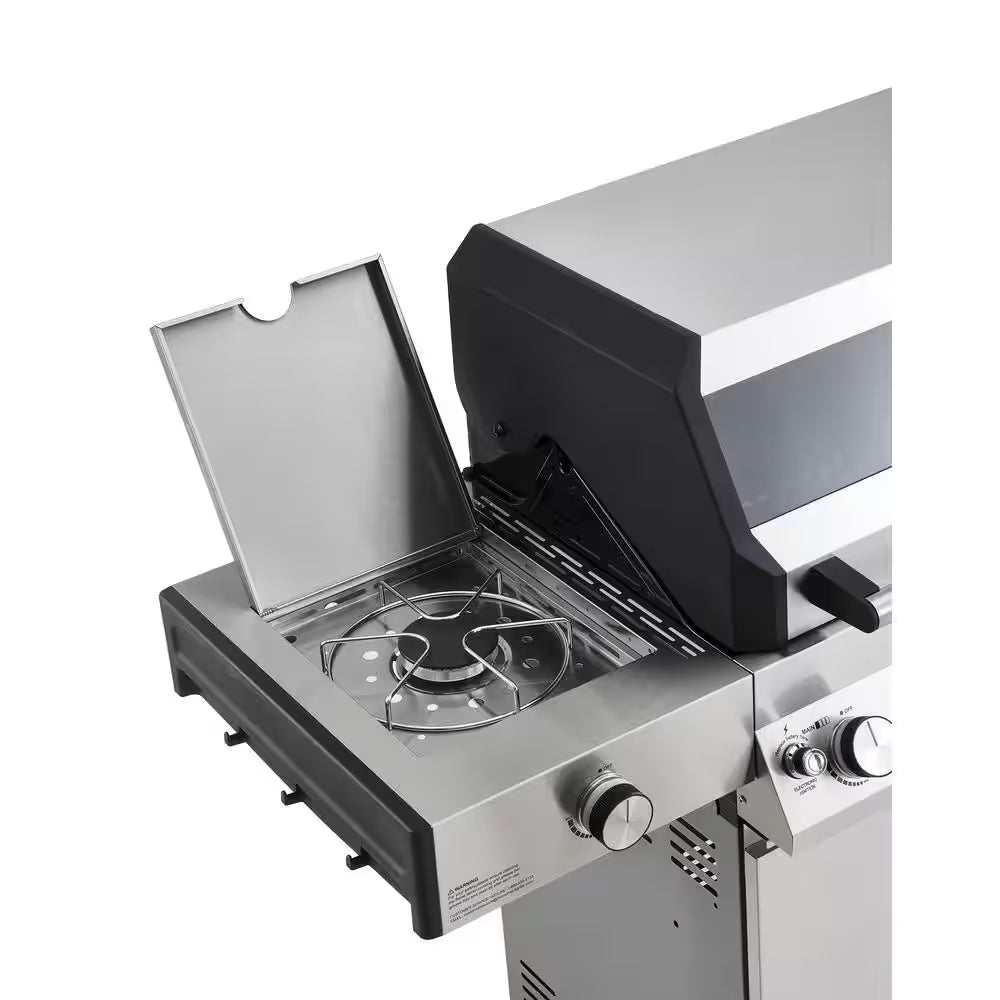 Denali 4-Burner Propane Gas Grill in Stainless with Clearview Lid, 3-Phase LED Controls and Side Burner