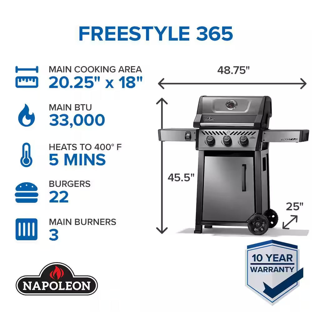 Freestyle 365 3-Burner Propane Gas Grill in Graphite Grey with Cast Iron Cooking Grids