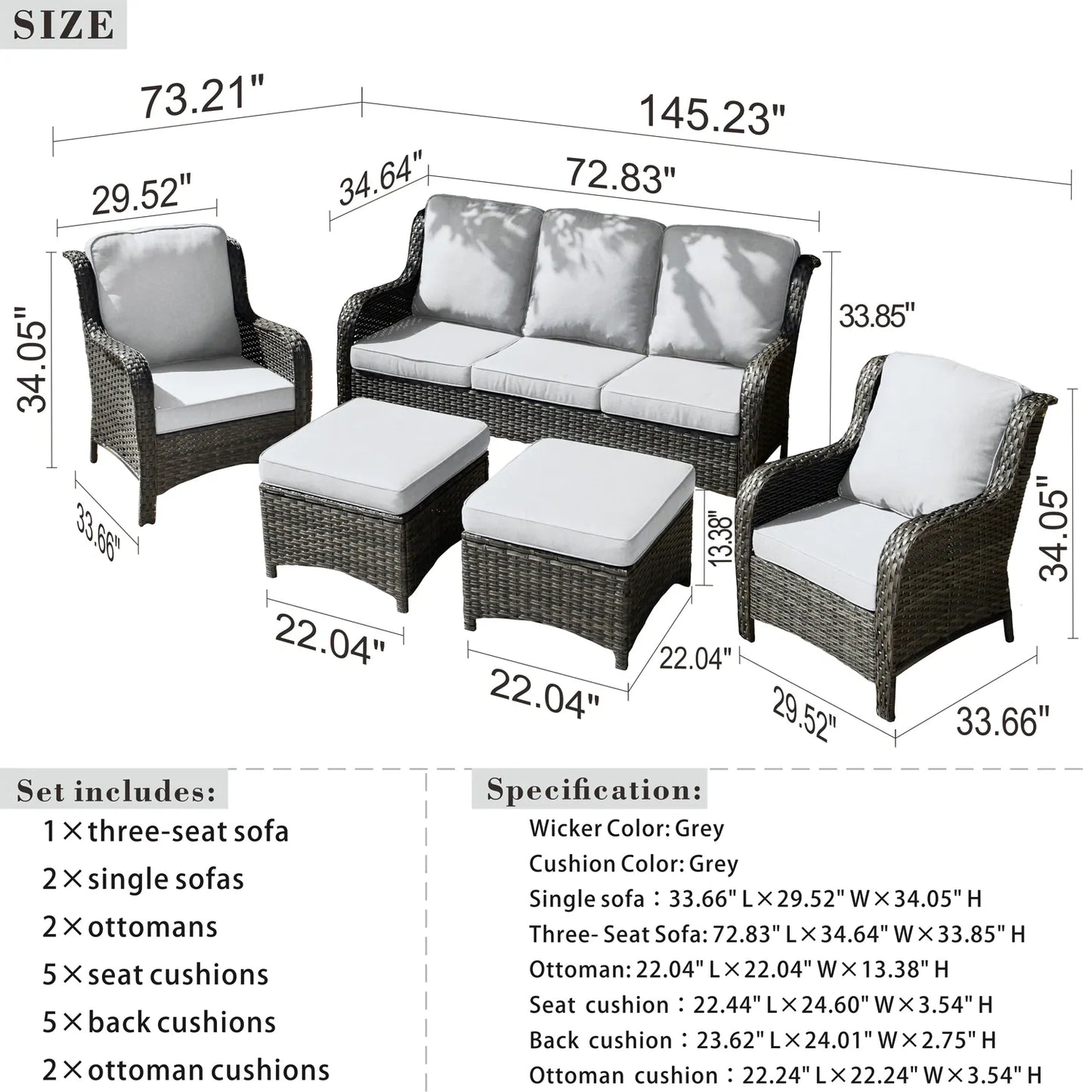 5 -Piece Wicker Patio Conversation Set with Gray Cushions Included