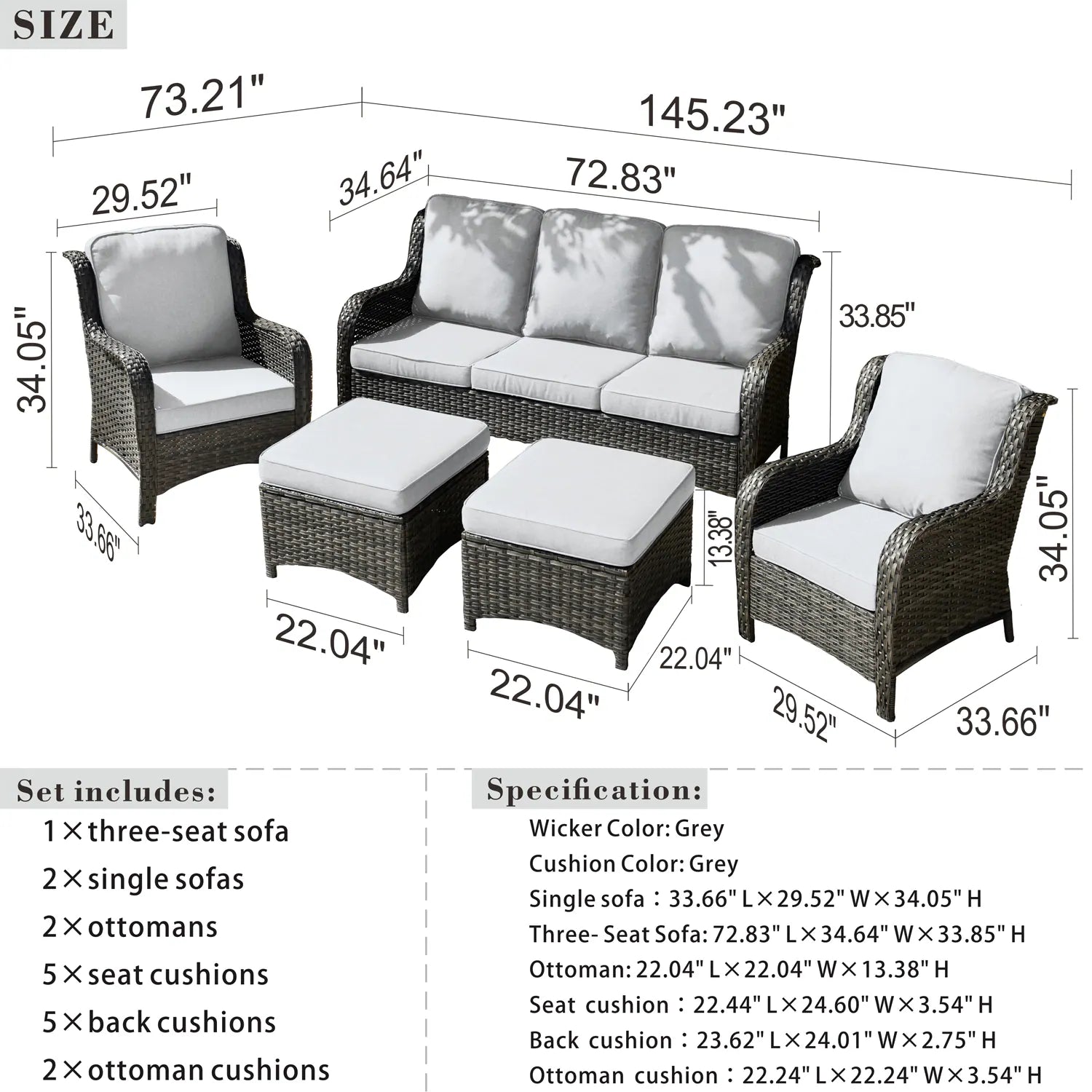 5 -Piece Wicker Patio Conversation Set with Gray Cushions Included