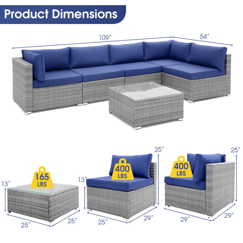 6 Piece Patio Conversation Sofa Set with Tempered Glass Coffee Table