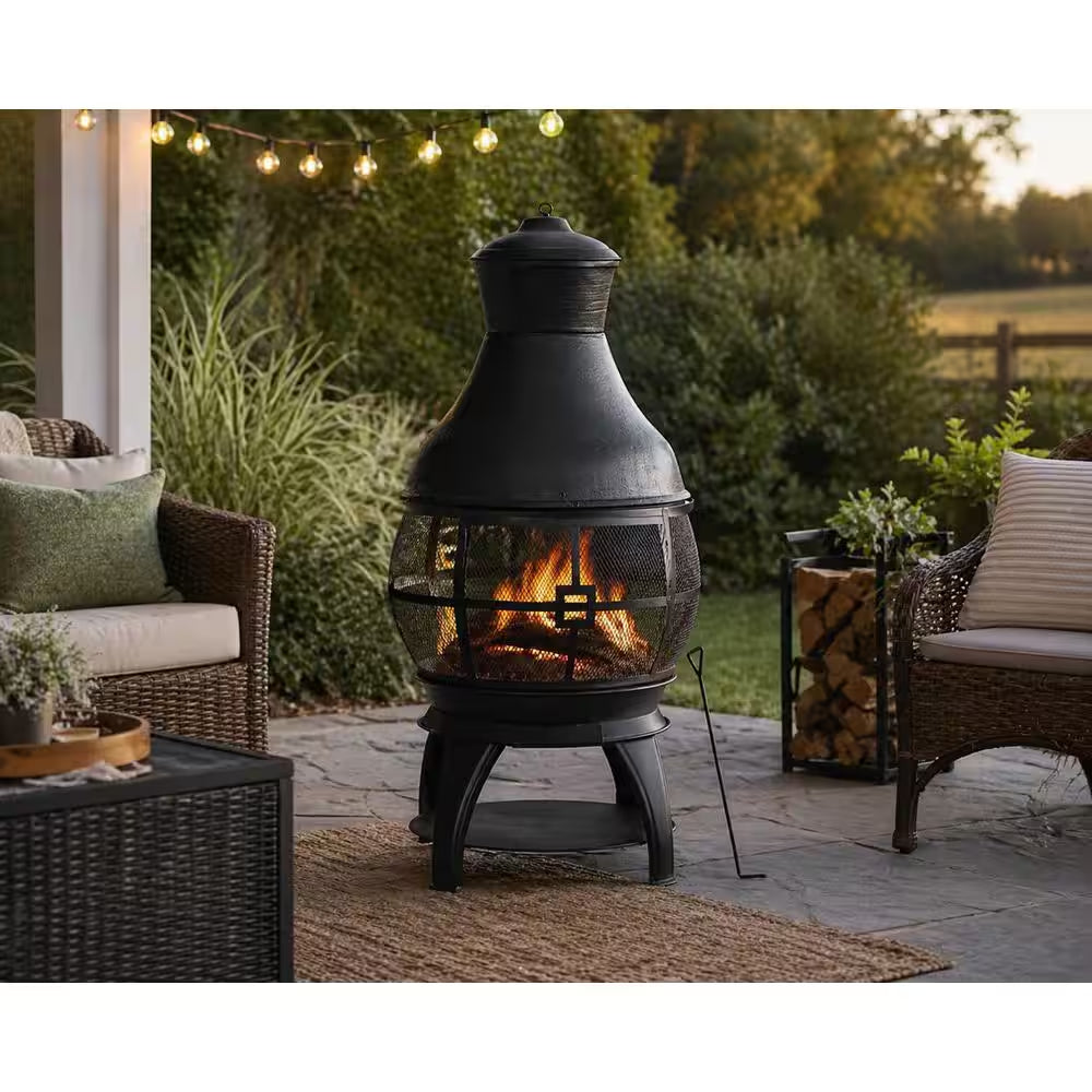 45 In. Outdoor Fireplace Wooden Black Fire Pit, Chimenea