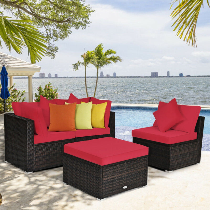 4 Pieces Patio Rattan Furniture Set with Removable Cushions and Pillows