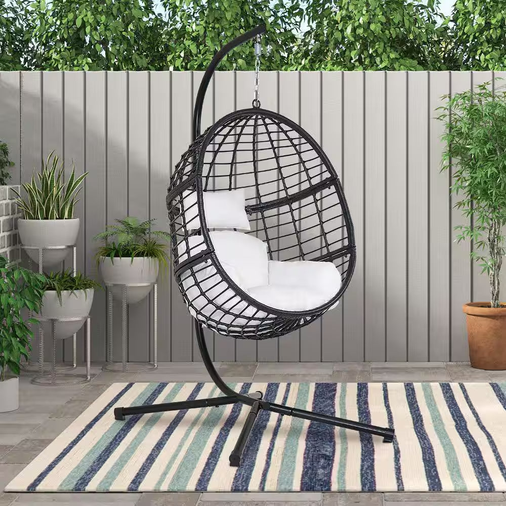 Black 78 In. Wicker Outdoor Basket Swing Chair with Stand and White Cushion