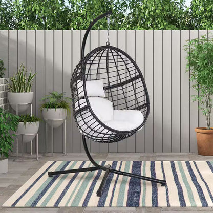 Black 78 In. Wicker Outdoor Basket Swing Chair with Stand and White Cushion