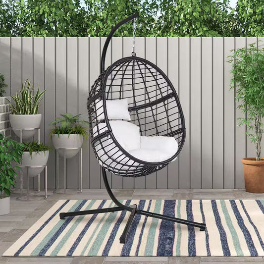 Black 78 In. Wicker Outdoor Basket Swing Chair with Stand and White Cushion