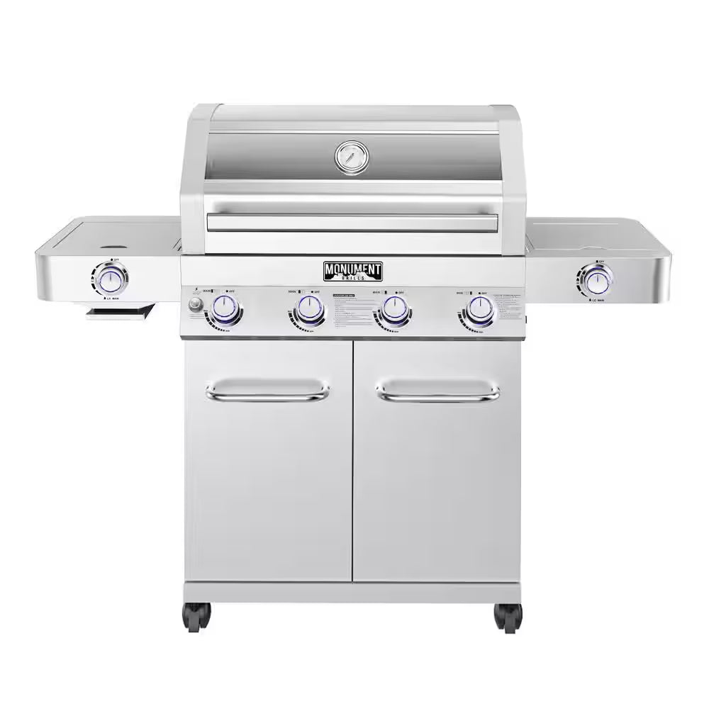 4-Burner Propane Gas Grill in Stainless with Clear View Lid, LED Controls, Side and Sear Burners