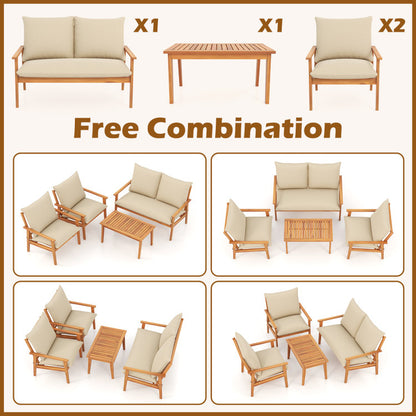 4 Pieces Outdoor Acacia Wood Conversation Set with Soft Cushions and Coffee Table