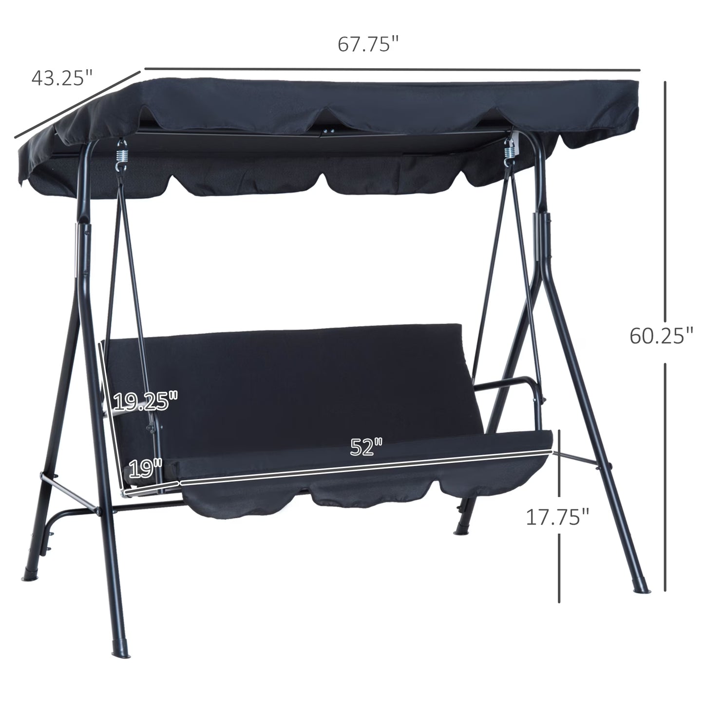 3-Seat Outdoor Patio Swing Chair with Removable Cushion, Steel Frame Stand and Adjustable Tilt Canopy for Patio, Garden, Poolside, Balcony, Backyard, Black