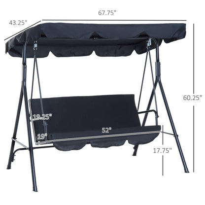 3-Seat Outdoor Patio Swing Chair with Removable Cushion, Steel Frame Stand and Adjustable Tilt Canopy for Patio, Garden, Poolside, Balcony, Backyard, Black