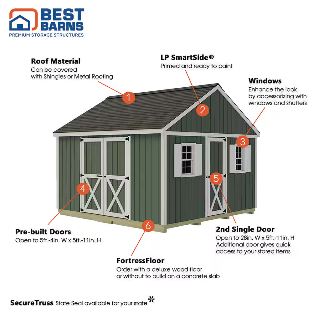 Backyard Basecamp 12 Ft. X 12 Ft. Wood Shed Kit with Barn Doors, Extra Walk-In Door and Fortressfloor