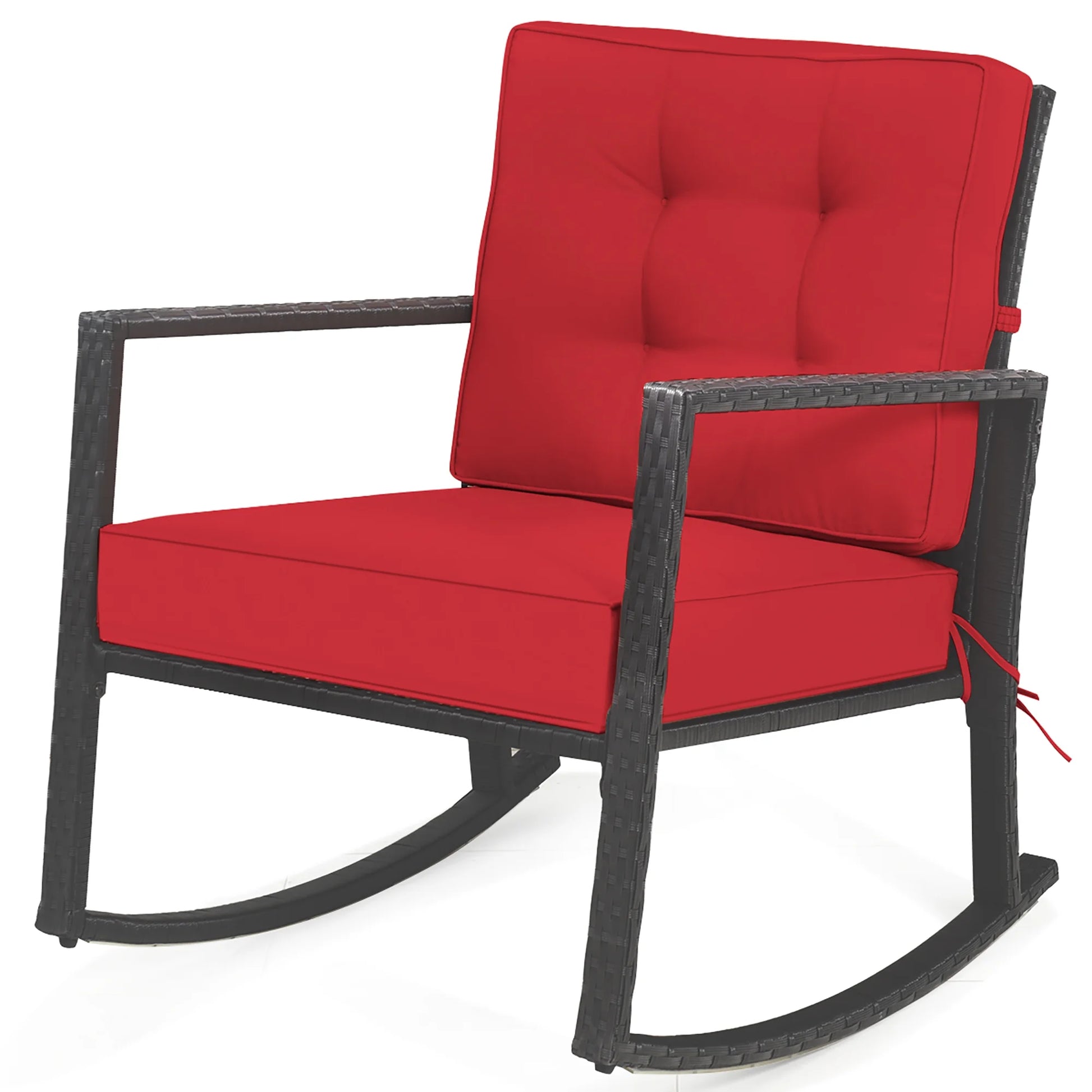 Patio Rattan Rocker Chair Outdoor Glider Wicker Rocking Chair Cushion Lawn Red
