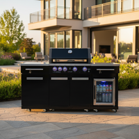 Outdoor Kitchen Island Built for Premium Entertaining, 70" Black Stainless Steel, 32" Grill, Built-In Fridge